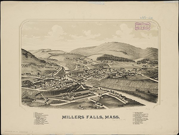 Lithograph of Miller's Falls from 1889 by L.R. Burleigh with list of landmarks