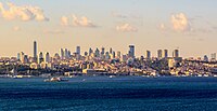 A distant view of Levent from the Bosphorus strait. Istanbul Sapphire is the tallest skyscraper at left.