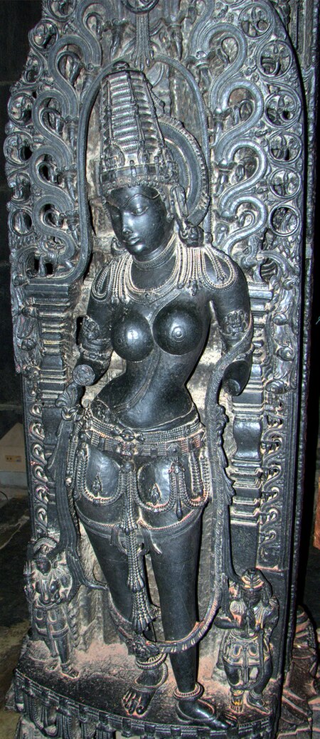 Mohini, the female avatar of Vishnu (statue at Belur temple, Karnataka.)