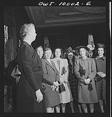 Mrs. Roosevelt apologizes to students for the disarray of the White House rooms which are being prepared for air raids