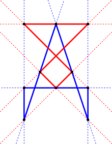 The Desargues configuration viewed as a pair of mutually inscribed pentagons: each pentagon vertex lies on the line through one of the sides of the other pentagon. Mutually-inscribed-pentagons.svg