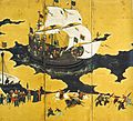 Pormenor mostrando a chegada de um navio Ocidental, atribuído a Kanō Naizen (1570–1616).