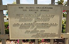 Plaque on the Neville Hewitt Bridge commemorating its 1980 opening, 2022 NevilleHewittBridgeSign2.jpg