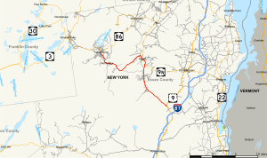 NY 73 follows a generally northwest–southeast alignment between NY 86 in Lake Placid and US 9 in central Essex County. It has a brief overlap with NY 9N midway between Lake Placid and the US 9 junction.