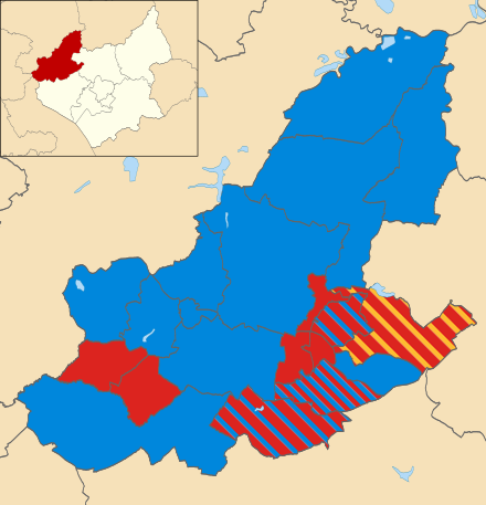 A map of North West Leicestershire coloured by victorious party at the 2011 District Council election.