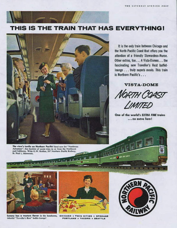 A 1956 advertisement in the Saturday Evening Post touted the predecessor North Coast Limited's amenities.