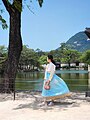 One girl wearing traditional Korean costume in Gyeongbokgung,the Seoul palace 04