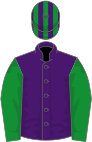 Purple, green sleeves, striped cap
