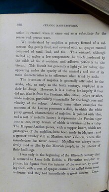 Leon Arnoux, 1853, describing Minton's tin-glazed product. P. 396, Ceramic Manufacturers, Lecture 23, 1852, Leon Arnoux, Mintons.jpg