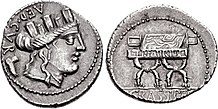 Denarius of Publius Furius Crassipes, 84 BC. The obverse depicts the head of Cybele, with a foot behind, an allusion to his cognomen. The reverse shows a curule chair, referring to his position of curule aedile. P. Furius Crassipes, denarius, 84 BC, 365-1c.jpg