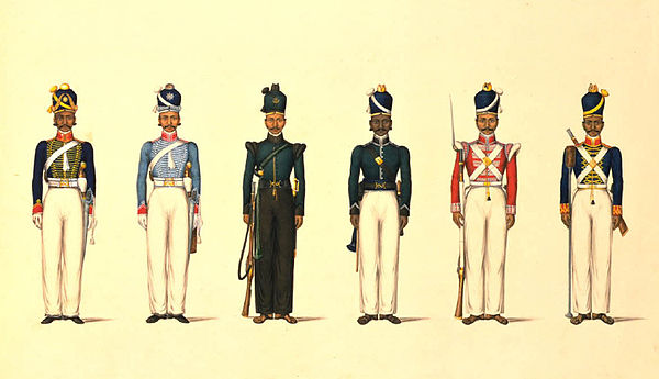 Left to right, the Madras Horse Artillery, the Madras Light Cavalry, the Madras Rifle Corps, the Madras Pioneers, the Madras Native Infantry, and the 