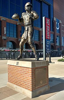A statue of Peyton Manning on a plaza outside of Lucas Oil Stadium was unveiled in October 2017. PeytonManningStatue18.jpg