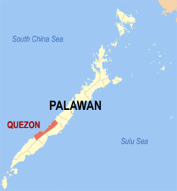 Mapa ng Palawan na nagpapakita sa lokasyon ng Quezon.