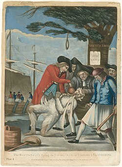The Bostonian Paying the Excise-Man, 1774 British anti-American propaganda cartoon, referring to the tarring and feathering of Boston Commissioner of Customs John Malcolm four weeks after the Boston Tea Party. The men also are shown pouring "Tea" down Malcolm's throat; note the noose hanging on the Liberty Tree and the Stamp Act posted upside-down Philip Dawe (attributed), The Bostonians Paying the Excise-man, or Tarring and Feathering (1774) - 02.jpg