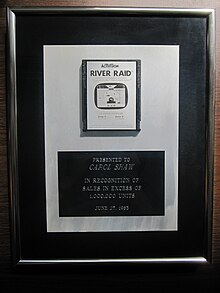 Platinum River Raid cartridge, awarded June 27, 1983, for sales of 1,000,000 units Platinum River Raid Cartridge.jpg