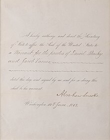 Lincoln's pardon for Daniel Dusky (Duskey) and Jacob Varner, June 13, 1863 Presidential pardon by Abraham Lincoln for Confederate rangers Dusky and Varner, June 13, 1863.jpg