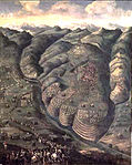 Nicolas Prévost zugeschrieben, „Die Belagerung von Privas“, ein Gemälde, das einst die Schlachtengalerie des Schlosses schmückte, Musée de Richelieu (Depot des Schlosses von Versailles).