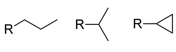 从左至右：正丙基、异丙基和环丙烷基。