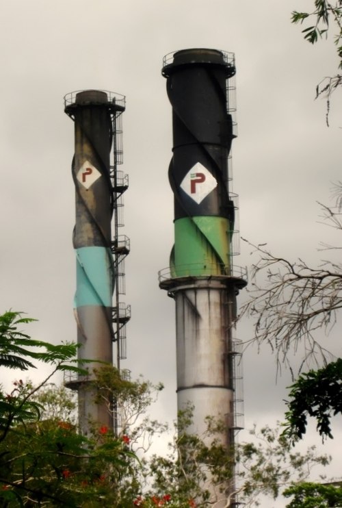 Chimneys with strakes fitted to break up vortices