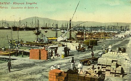 Raisin exports; port of Patras, 19th century.