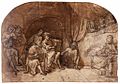 Drawing from the Nude Model in Rembrandt's Studio label QS:Len,"Drawing from the Nude Model in Rembrandt's Studio" . 1650-1659. pen medium QS:P186,Q165447 and brush medium QS:P186,Q614467 in brown wash over chalk. 18 × 26.6 cm (7 × 10.4 in). Darmstadt, Hessisches Landesmuseum Darmstadt.