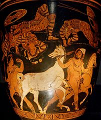 Odysseus wearing the pilos. Ancient Greek red-figure situla from Apulia, ca. 360 BC, Museo Nazionale Archaeologico, Naples