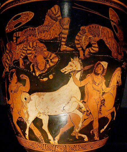 Odysseus and Diomedes stealing the horses of Thracian king Rhesus they have just killed. Apulian red-figure situla, from Ruvo