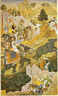Охота падишаха Бабура на индийского носорога (ок. 1530 г.)
