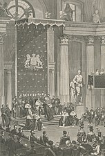 Riksdagens avslutning den 22 juni 1866. Ärkebiskopen Henrik Reuterdahl kysser Karl XV på handen.
