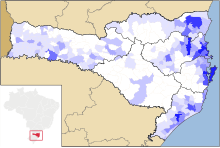 Bevölkerungsdichte von Santa Catarina:


﻿0–25 Ew./km²﻿25–50 Ew./km²﻿50–100 Ew./km²

﻿100–150 Ew./km²﻿150–200 Ew./km²﻿200–300 Ew./km²

﻿300–400 Ew./km²﻿400–500 Ew./km²﻿> 500 Ew./km²