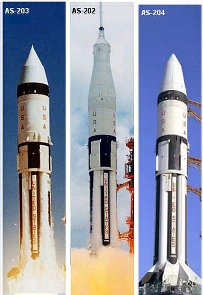 Three launch configurations of the Apollo Saturn IB rocket: no spacecraft (AS-203), command and service module (AS-202); and Lunar Module (Apollo 5)
