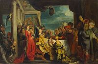 Workshop of Peter Paul Rubens. The Lombard king Alboin makes Rosamunde drink from the skull of her father, who was killed by him label QS:Len,"The Lombard king Alboin makes Rosamunde drink from the skull of her father, who was killed by him" label QS:Lpl,"Król Longobardów Alboin zmuszający Rozamundę do picia z czaszki jej ojca, którego zabił" label QS:Lnl,"De Longobarden koning Alboin dwingt Rosamunde uit de schedel van haar door hem vermoorde vader te drinken tijdens een feestmaal te Verona" . 1620–1630. canvas medium QS:P186,Q12321255 . 132 × 202 cm (51.9 × 79.5 in). Vienna, Kunsthistorisches Museum.