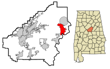 Shelby County Alabama Sisällytetyt ja rekisteröimättömät alueet Harpersville Highlighted.svg