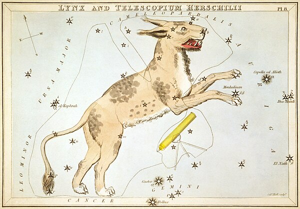 Illustration from Urania's Mirror (1825). The obsolete constellation Telescopium Herschelii is to its right.