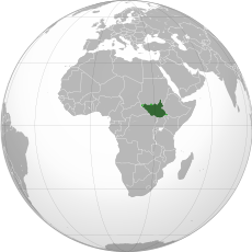 Vendndodhja e Sudanit te Jugut tregihet me nje ngjyre te gjelber te erret. Figura: Spesh531.