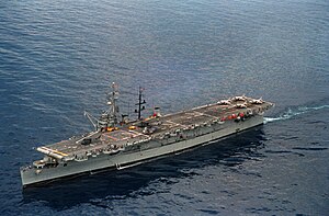 Spanish aircraft carrier Dédalo (R01) underway in the Mediterranean Sea, 1 June 1988 (6430233).jpg