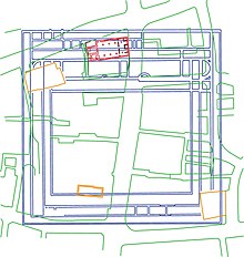 St Michael's Cornhill church (in orange, top left) and location above western end of London Roman Basilica St Peter upon Cornhill church and location above London Roman Forum.jpg