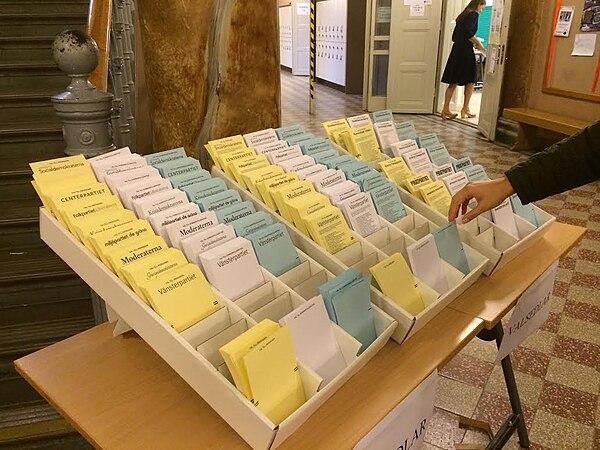 Swedish polling station with an assortment of ballots for different parties.