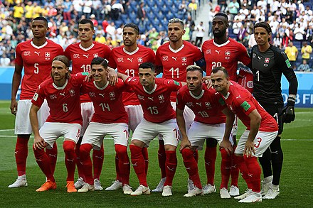 The Switzerland national team line-up before the game against Sweden, on 3 July 2018, in Saint Petersburg.[97]