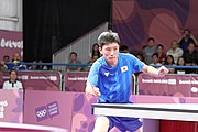 Deutsch: Tischtennis bei den Olympischen Jugendspielen 2018; Tag 9, 15. Oktober 2018; Mixed, Finale, Mixed-Doppel – Tomokazu Harimoto (JPN) Vs Wang Chuqin (CHN) 3:1 English: Table tennis at the 2018 Summer Youth Olympics at 15 October 2018 – Mixed Final, Mixed-Double – Tomokazu Harimoto (JPN) Vs Wang Chuqin (CHN) 3:1