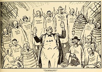 "Tammany!", the winning editorial cartoon, portrayed the Republican Party as hypocritical for decrying the Democratic Tammany Hall machine while many Republicans had themselves committed corrupt acts. Tammany by Rollin Kirby.jpg