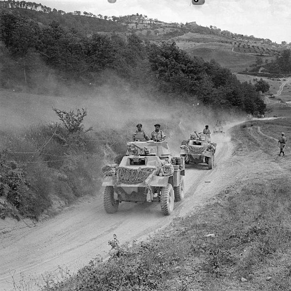 Humber armoured cars of 10th Indian Division move forward in Italy, 22 July 1944.