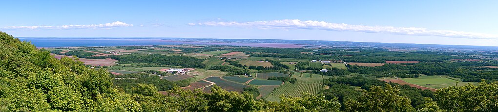 Near the eastern end. Looking east, southeast across the Annapolis Valley from the area known as "The Lookoff", North Mountain, Nova Scotia, Canada The Lookoff, North Mountain, Nova Scotia, Canada.jpg