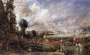 《從白廳樓梯看滑鐵盧大橋的開通》（The Opening of Waterloo Bridge seen from Whitehall Stairs），1817年6月18日，油畫，約1832年。倫敦泰特不列顛美術館