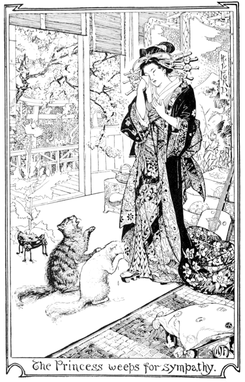 black and white full page illustration of a young woman in an ornate traditional Japanese outfit who is wiping her eye with a cloth as she cries. There are two cats at her feet one tabby and one white, the tabby has its mouth open and is gesturing like it's telling her the story, the white holds a paw in front of it's eyes as it cries. The room has a view to a garden through a window in the back