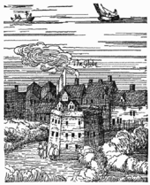 A drawing of The Rose theatre (mislabelled "The Globe") from Claes Visscher's panorama of London (1616). The High Court of England and Wales took a narrow approach to standing in a 1989 case brought by a trust company interested in preserving the theatre's remains. The Rose - mislabeled The Globe - from Visscher's View of London 1616.png