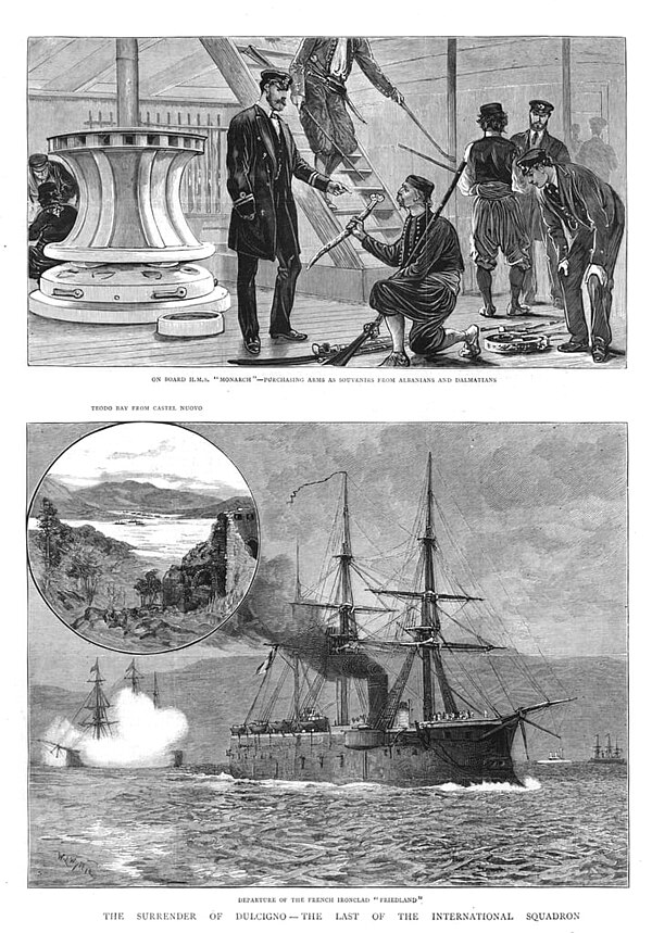 The Surrender of Dulcigno, the last of the International Squadron. The Graphic 1880