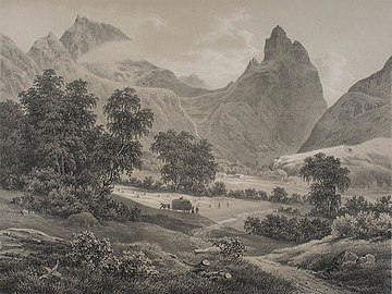 Thomas Fearnley: «Romsdalshorn» (fra boken Norge fremstillet i Tegninger, av P. Chr. Asbjørnsen, utgitt av Chr. Tønsberg (1848) foto: Nasjonalbiblioteket