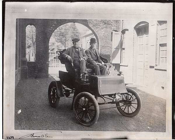 Thomas Edison and George Meister in a Studebaker electric runabout, 1909