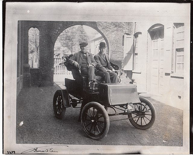 Thomas Edison and George Meister in a Studebaker electric runabout, 1909